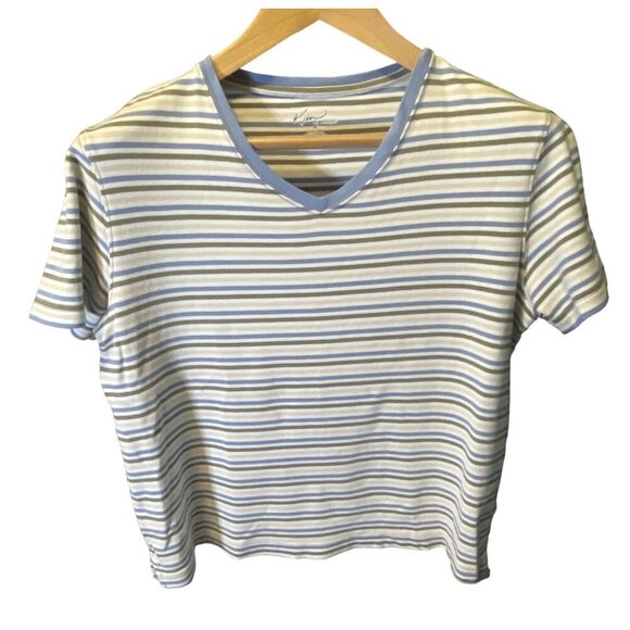 Kim Rogers Multicolor Striped V Neck Short Sleeve Top Sz M - Picture 1 of 7
